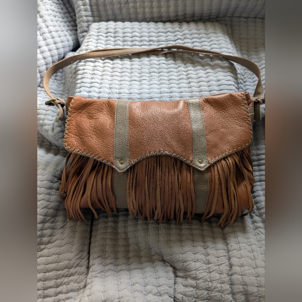 Camila Alves Fringe Leather Shoulder Bag - Tan and Gray